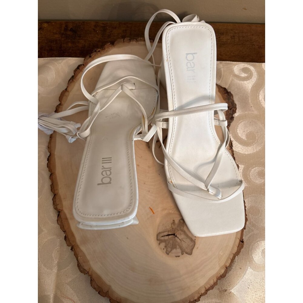 Bar III White Square Toe Strappy Sandals Lace-Up Design & Geometric Heels Chunky - Picture 3 of 7